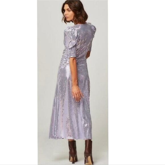 NWT ROTATE Sierina Metallic Ruched Puff Sleeve Midi Dress - Size 8 - Picture 4 of 8